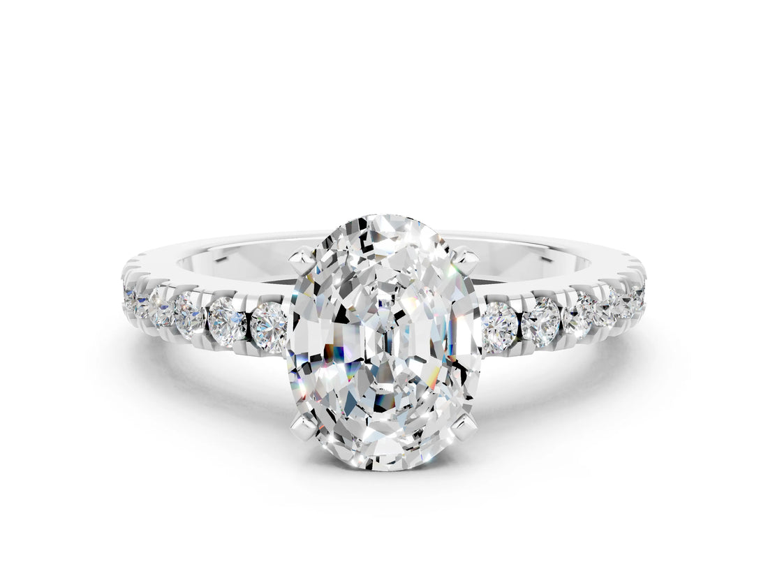 White gold Oval Cut Solitaire Diamond with Pavé Band and Four-Prong Setting