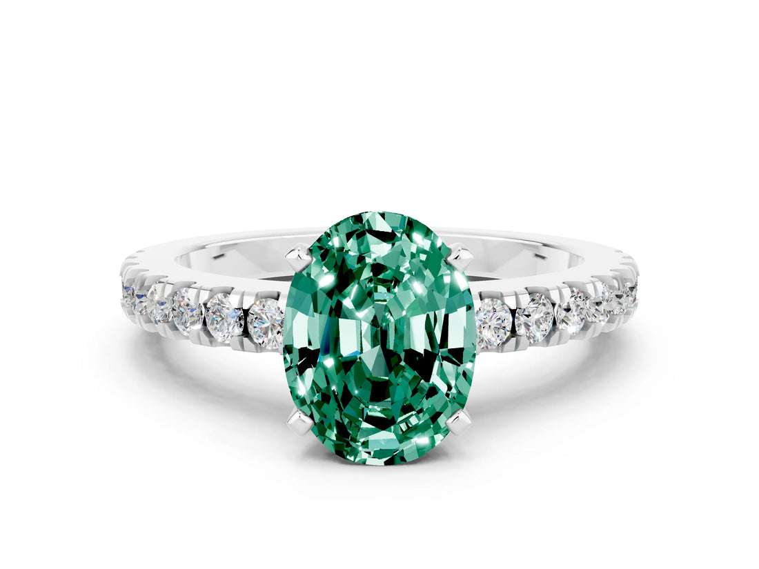 White gold Oval Cut Solitaire Diamond with Pavé Band and Four-Prong Setting
