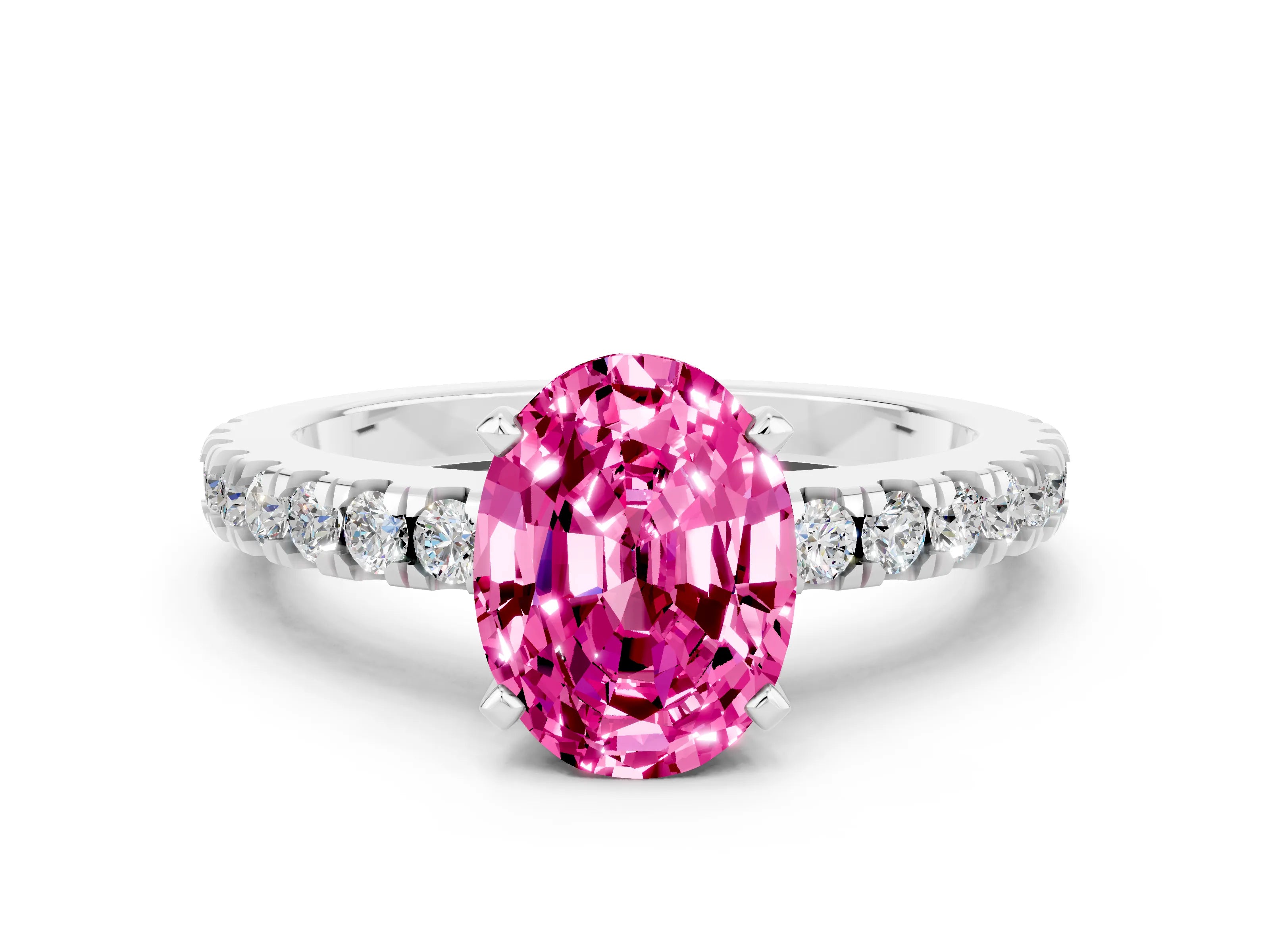 White gold Oval Cut Solitaire Diamond with Pavé Band and Four-Prong Setting