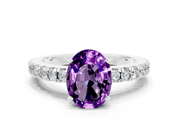 Silver Oval Cut Solitaire Amethyst with Pavé Band and Four-Prong Setting