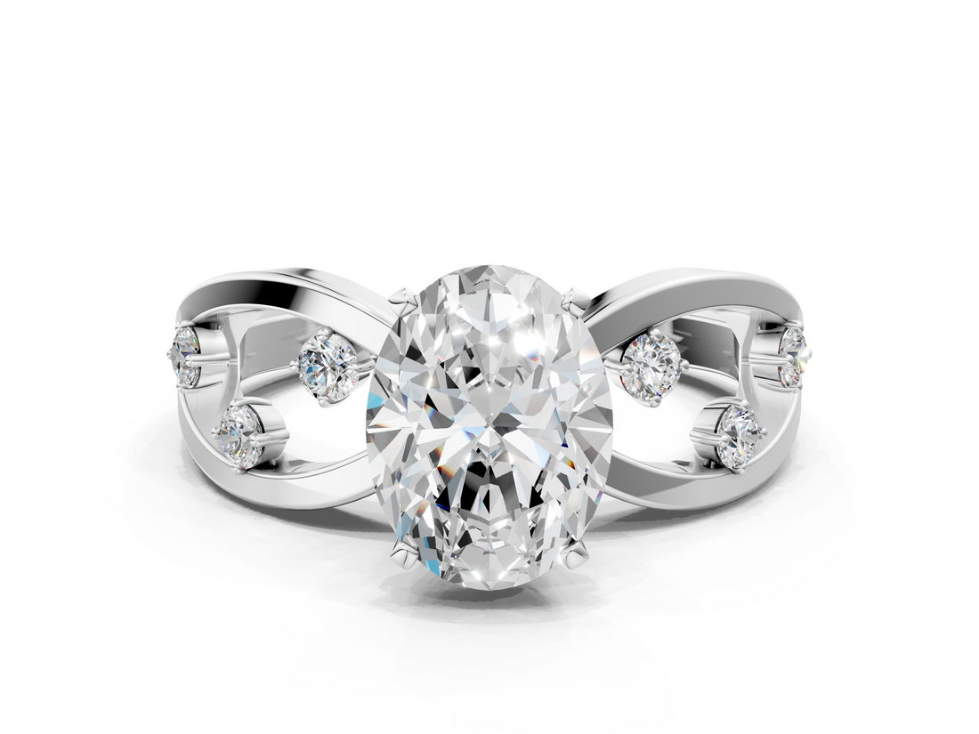 White gold Oval Cut Solitaire Diamond with Side Stones on Criss-Cross Band and Four-Prong Setting_24