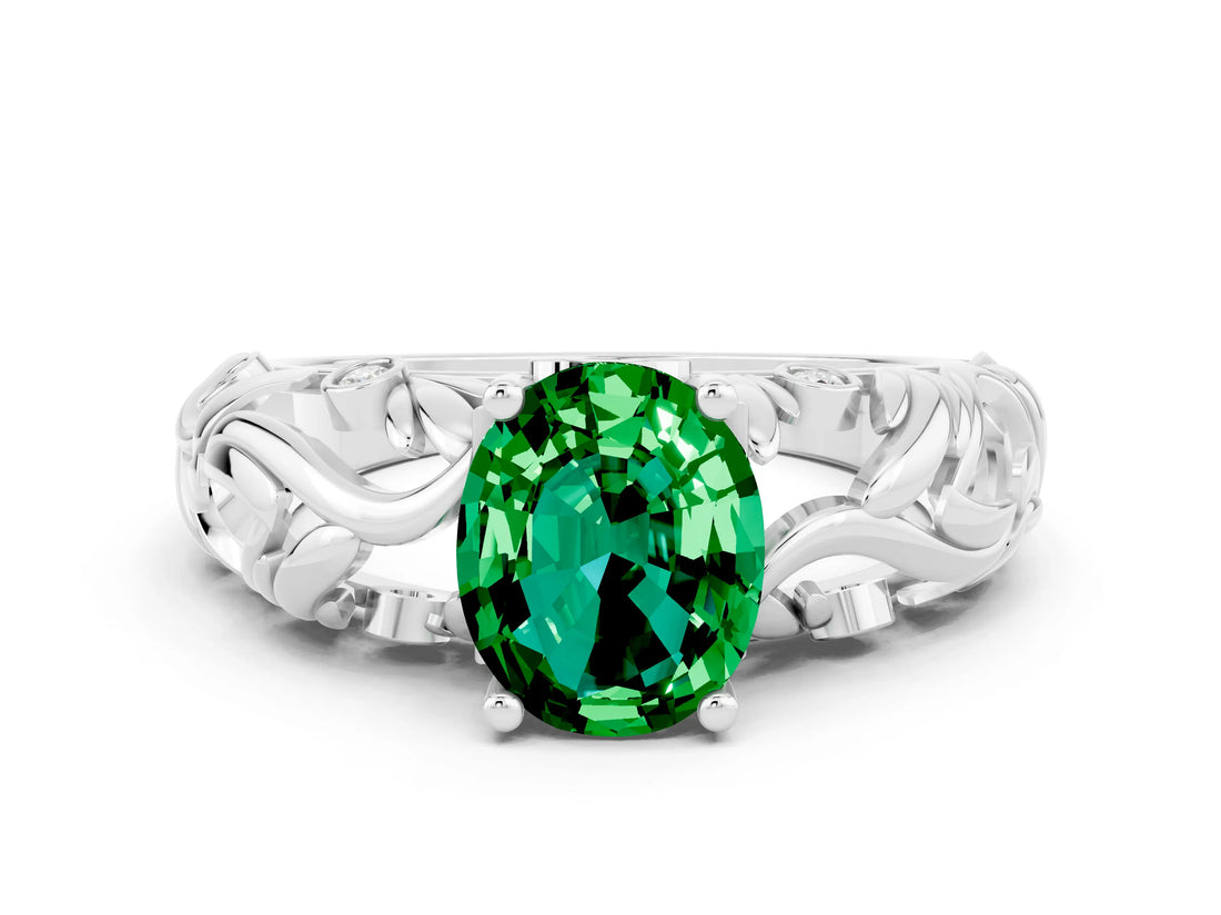 White gold Oval Cut Solitaire Emerald Leaf-Inspired Vine Band Ring with Prong Setting_12