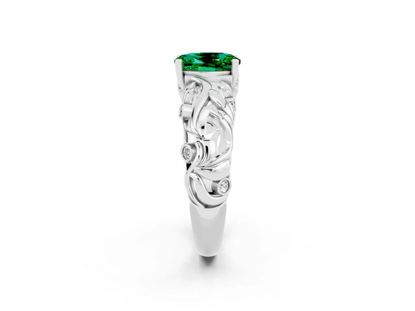 Platinum Oval Cut Solitaire Emerald Leaf-Inspired Vine Band Ring with Prong Setting