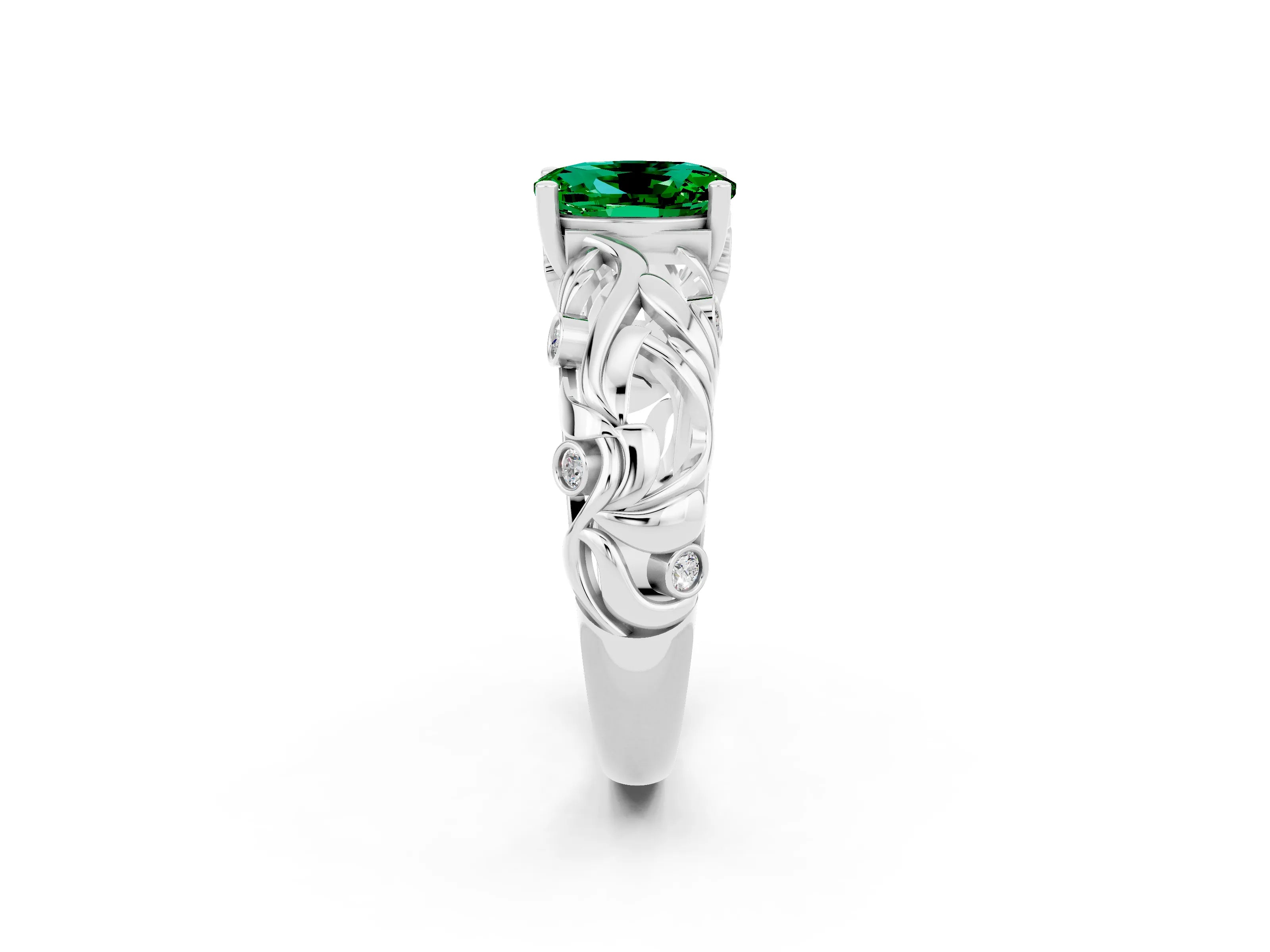 White gold Oval Cut Solitaire Emerald Leaf-Inspired Vine Band Ring with Prong Setting_14