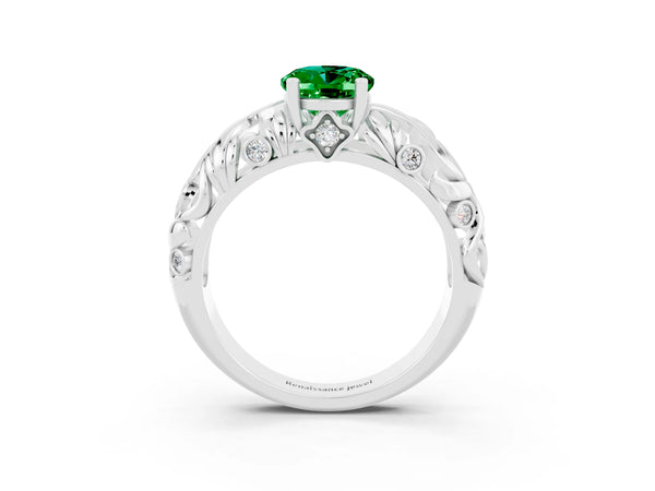 Platinum Oval Cut Solitaire Emerald Leaf-Inspired Vine Band Ring with Prong Setting