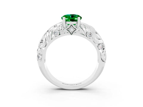 White gold Oval Cut Solitaire Emerald Leaf-Inspired Vine Band Ring with Prong Setting_15