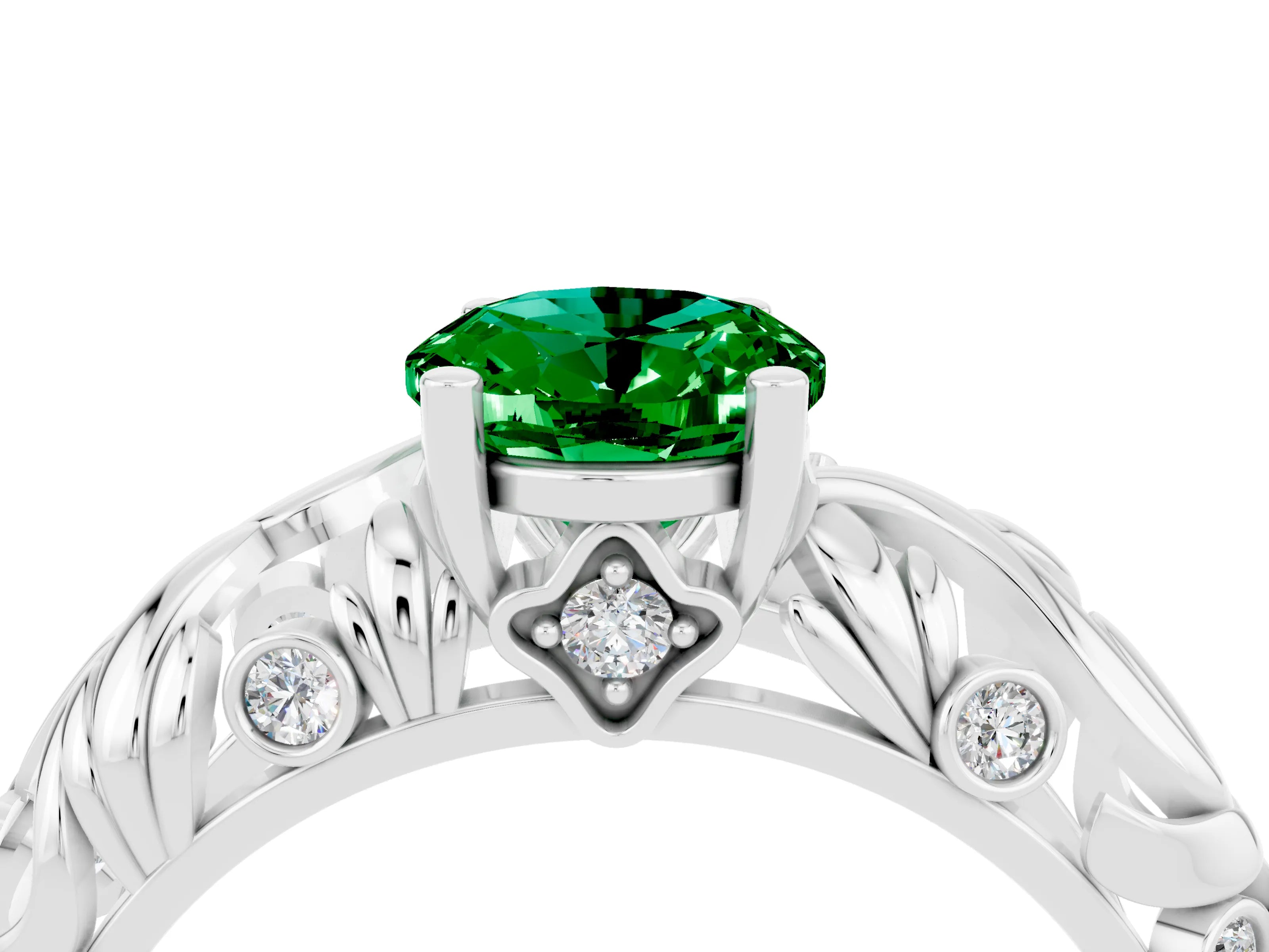 White gold Oval Cut Solitaire Emerald Leaf-Inspired Vine Band Ring with Prong Setting_16