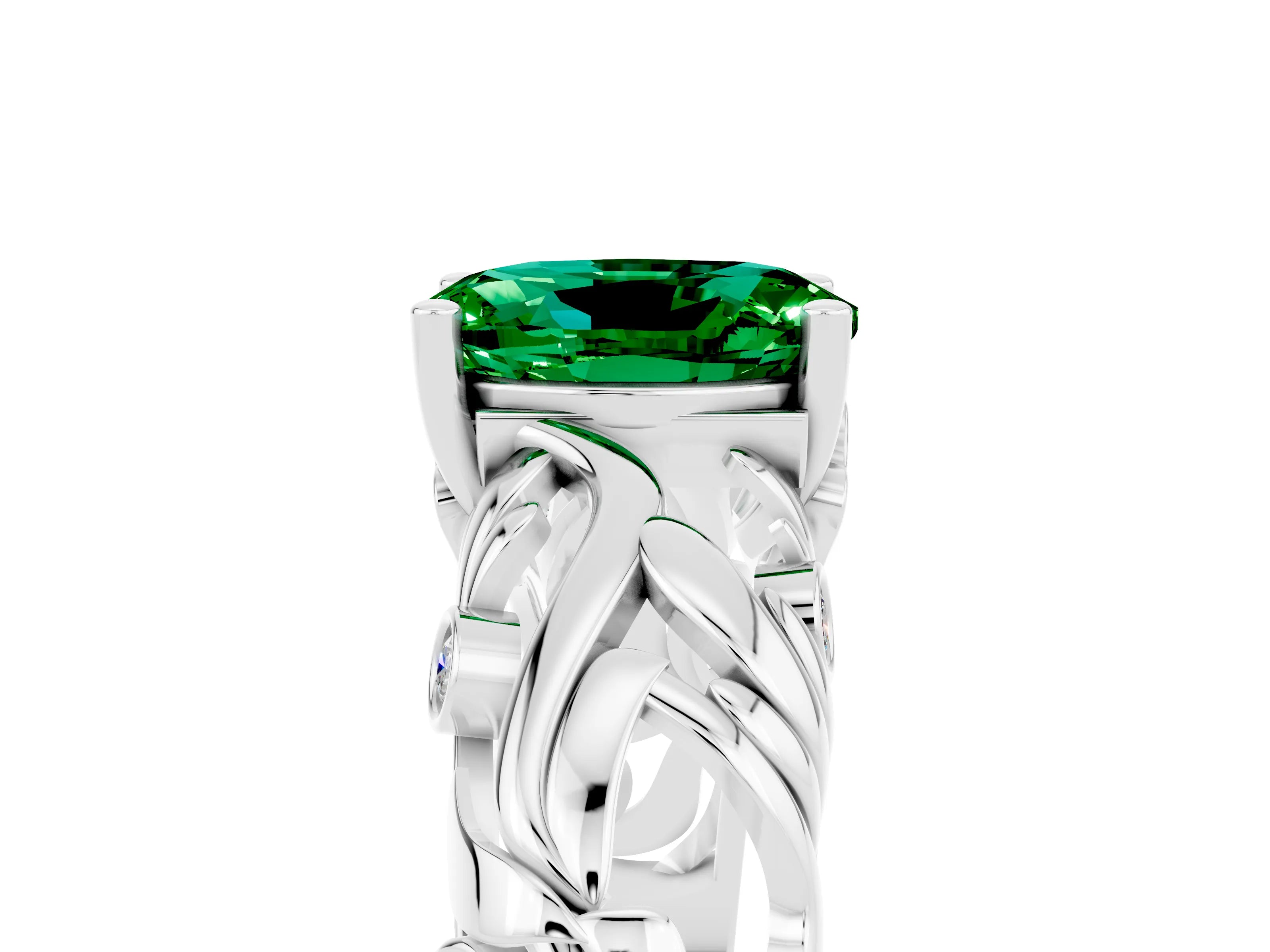 White gold Oval Cut Solitaire Emerald Leaf-Inspired Vine Band Ring with Prong Setting_17