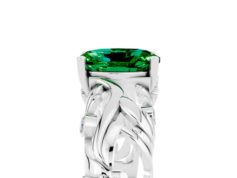 White gold Oval Cut Solitaire Emerald Leaf-Inspired Vine Band Ring with Prong Setting_17