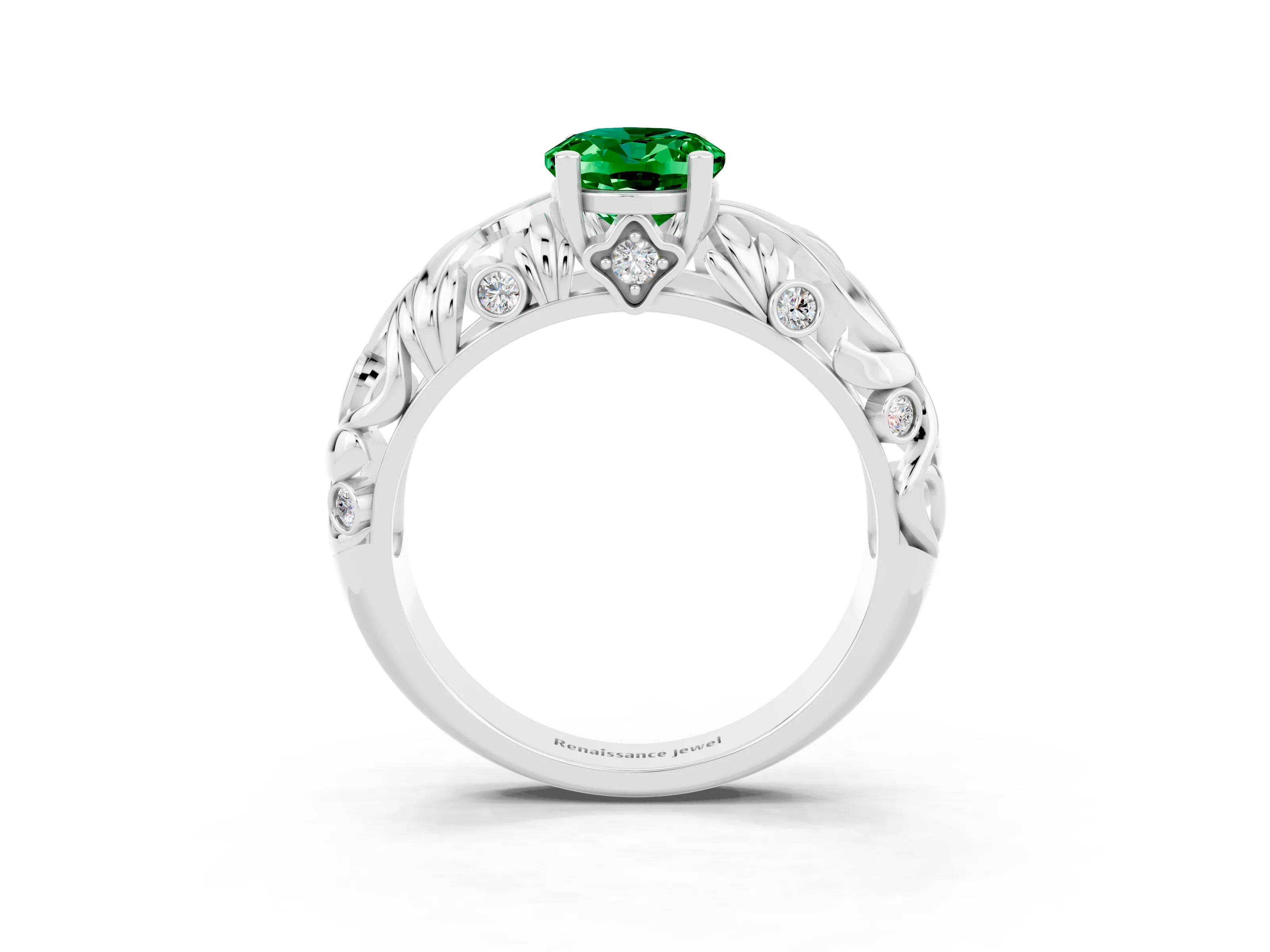 White gold Oval Cut Solitaire Emerald Leaf-Inspired Vine Band Ring with Prong Setting_3