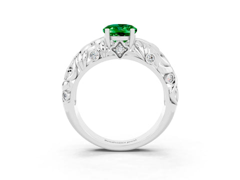 White gold Oval Cut Solitaire Emerald Leaf-Inspired Vine Band Ring with Prong Setting_3
