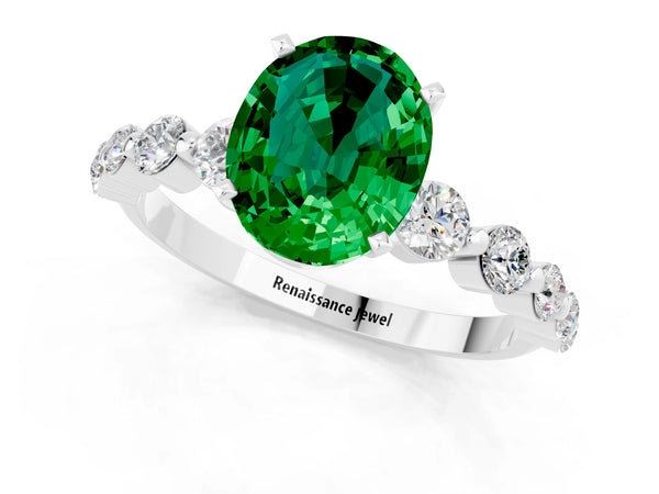Silver Oval Cut Solitaire Emerald Ring with Pave Band and Four-Prong Setting