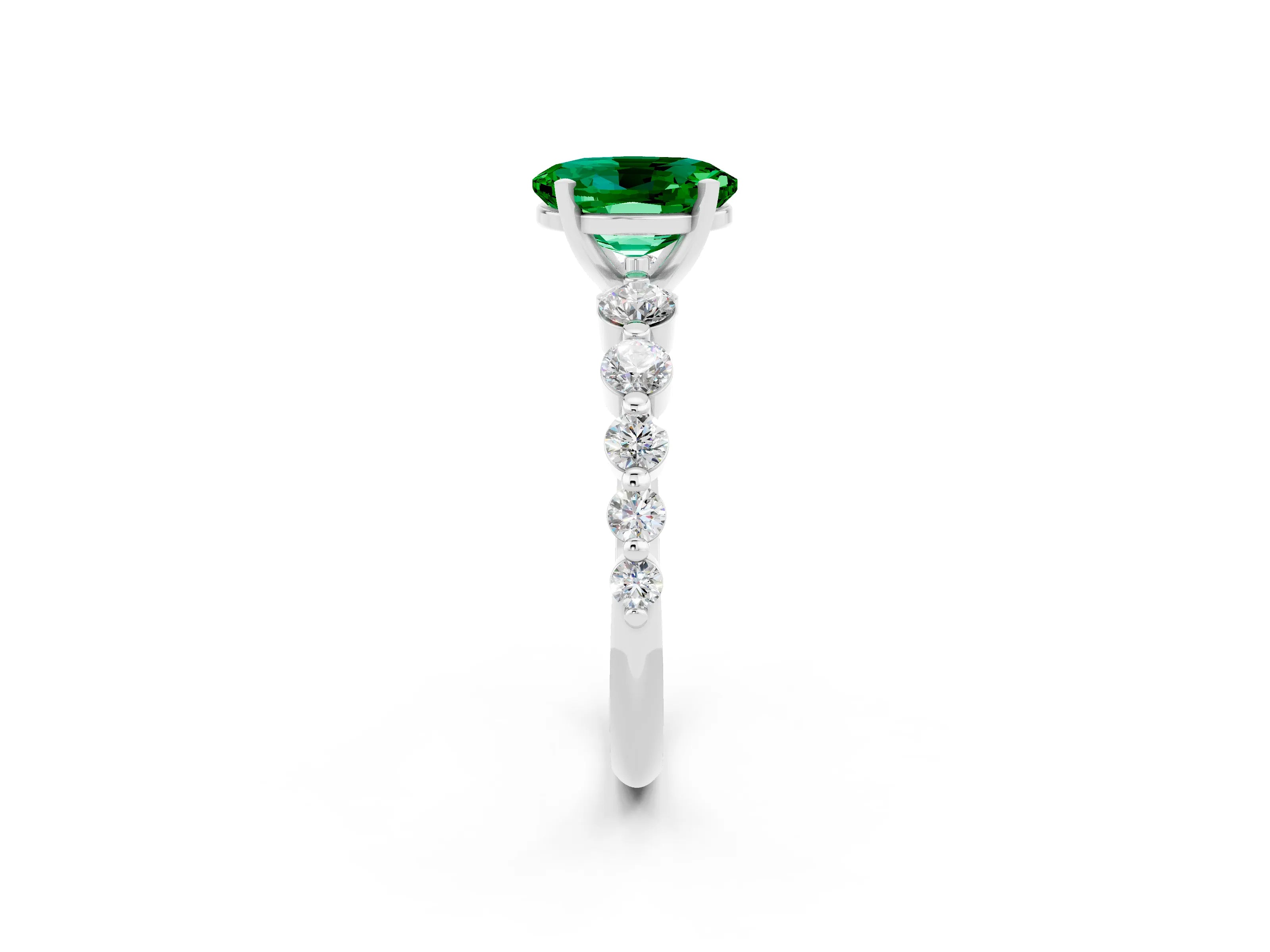 White gold Oval Cut Solitaire Emerald Ring with Pave Band and Four-Prong Setting_2