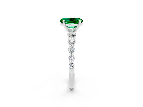 White gold Oval Cut Solitaire Emerald Ring with Pave Band and Four-Prong Setting_2