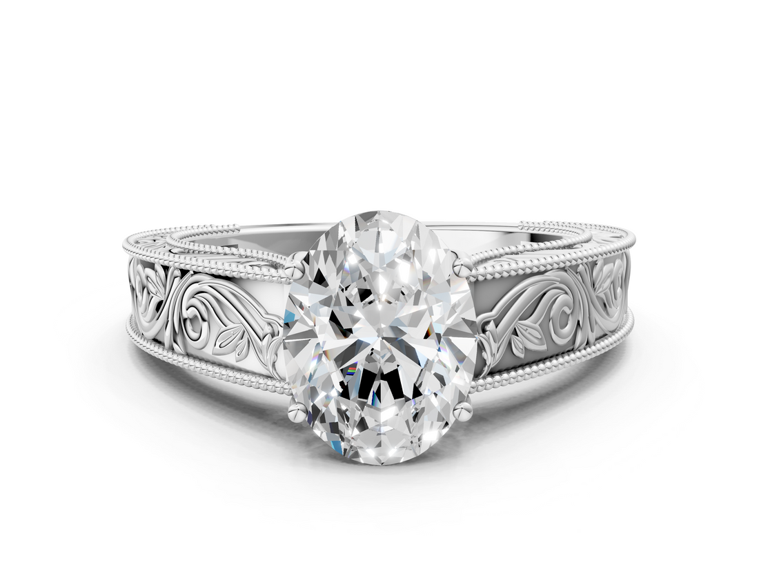 14K White Gold 3.03 Carat D VVS2 Oval Diamond Solitaire Ring with Engraved Band and Four-Prong Setting