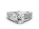 14K White Gold 3.03 Carat D VVS2 Oval Diamond Solitaire Ring with Engraved Band and Four-Prong Setting
