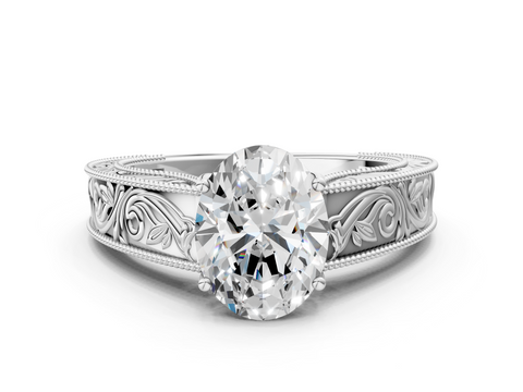 14K White Gold 3.03 Carat D VVS2 Oval Diamond Solitaire Ring with Engraved Band and Four-Prong Setting