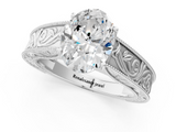 14K White Gold 3.03 Carat D VVS2 Oval Diamond Solitaire Ring with Engraved Band and Four-Prong Setting