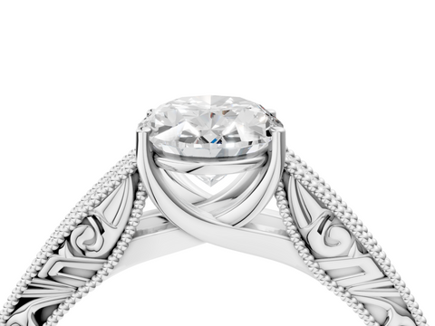 14K White Gold 3.03 Carat D VVS2 Oval Diamond Solitaire Ring with Engraved Band and Four-Prong Setting