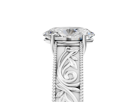14K White Gold 3.03 Carat D VVS2 Oval Diamond Solitaire Ring with Engraved Band and Four-Prong Setting