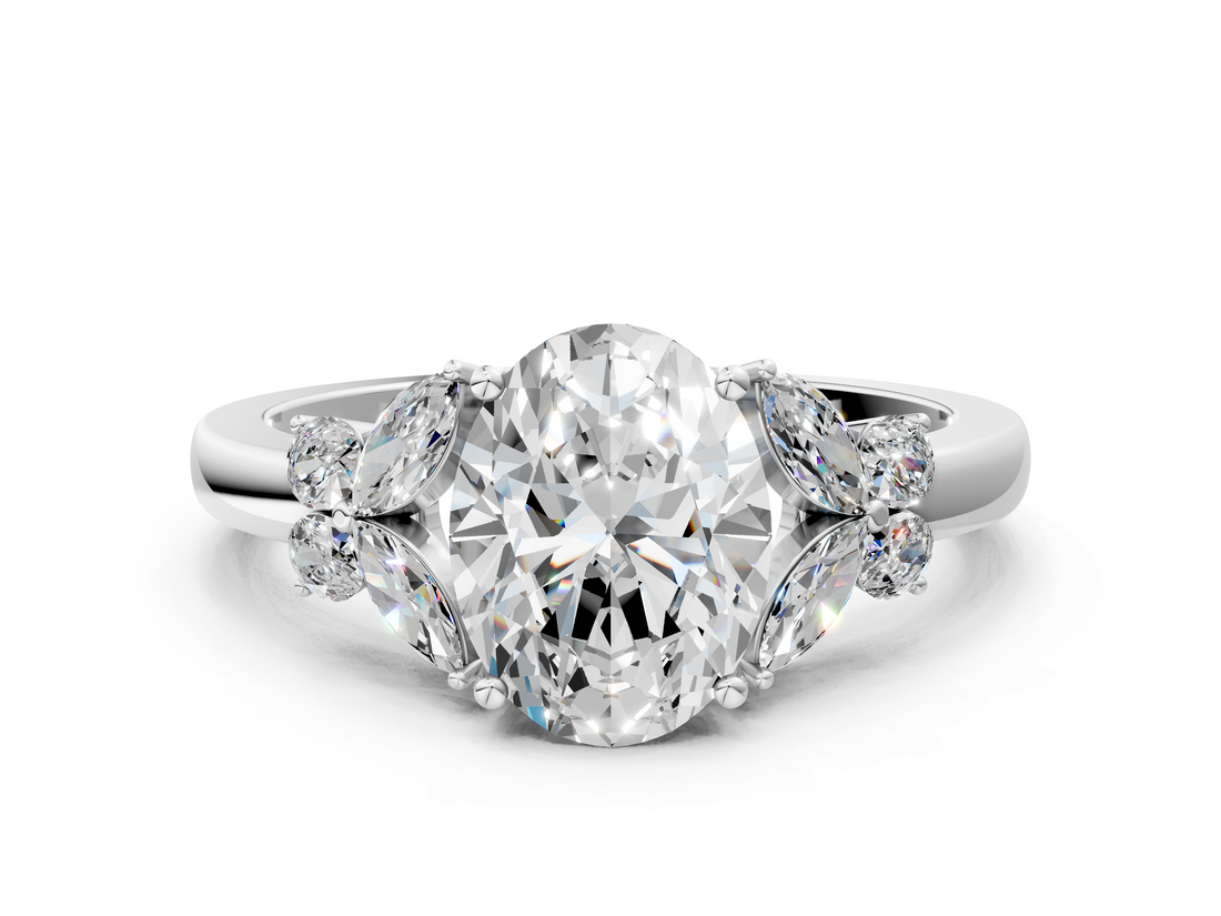 White gold Oval Cut Solitaire Floral Diamond Ring with Four-Prong Setting_37