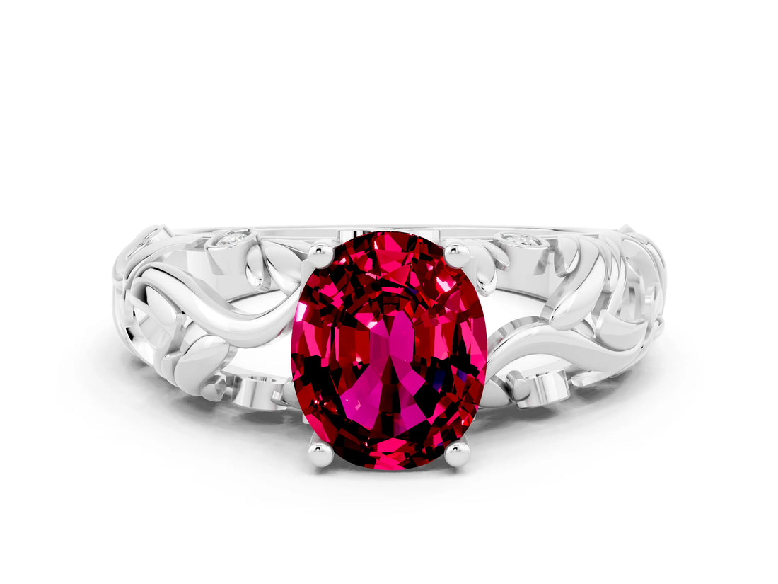 White gold Oval Cut Solitaire Garnet Leaf-Inspired Vine Band Ring with Prong Setting