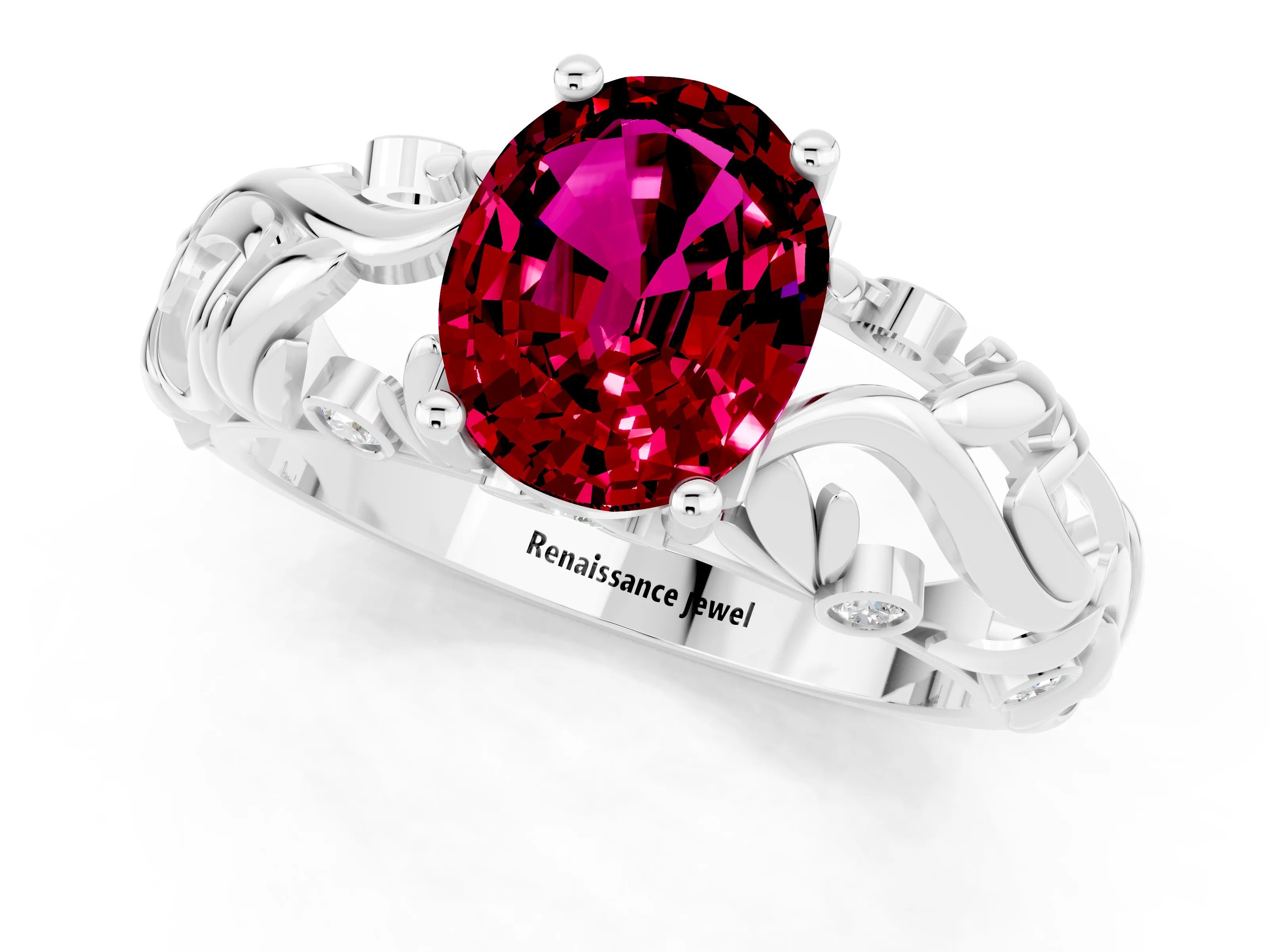 White gold Oval Cut Solitaire Garnet Leaf-Inspired Vine Band Ring with Prong Setting_1