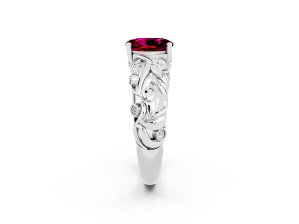 White gold Oval Cut Solitaire Garnet Leaf-Inspired Vine Band Ring with Prong Setting