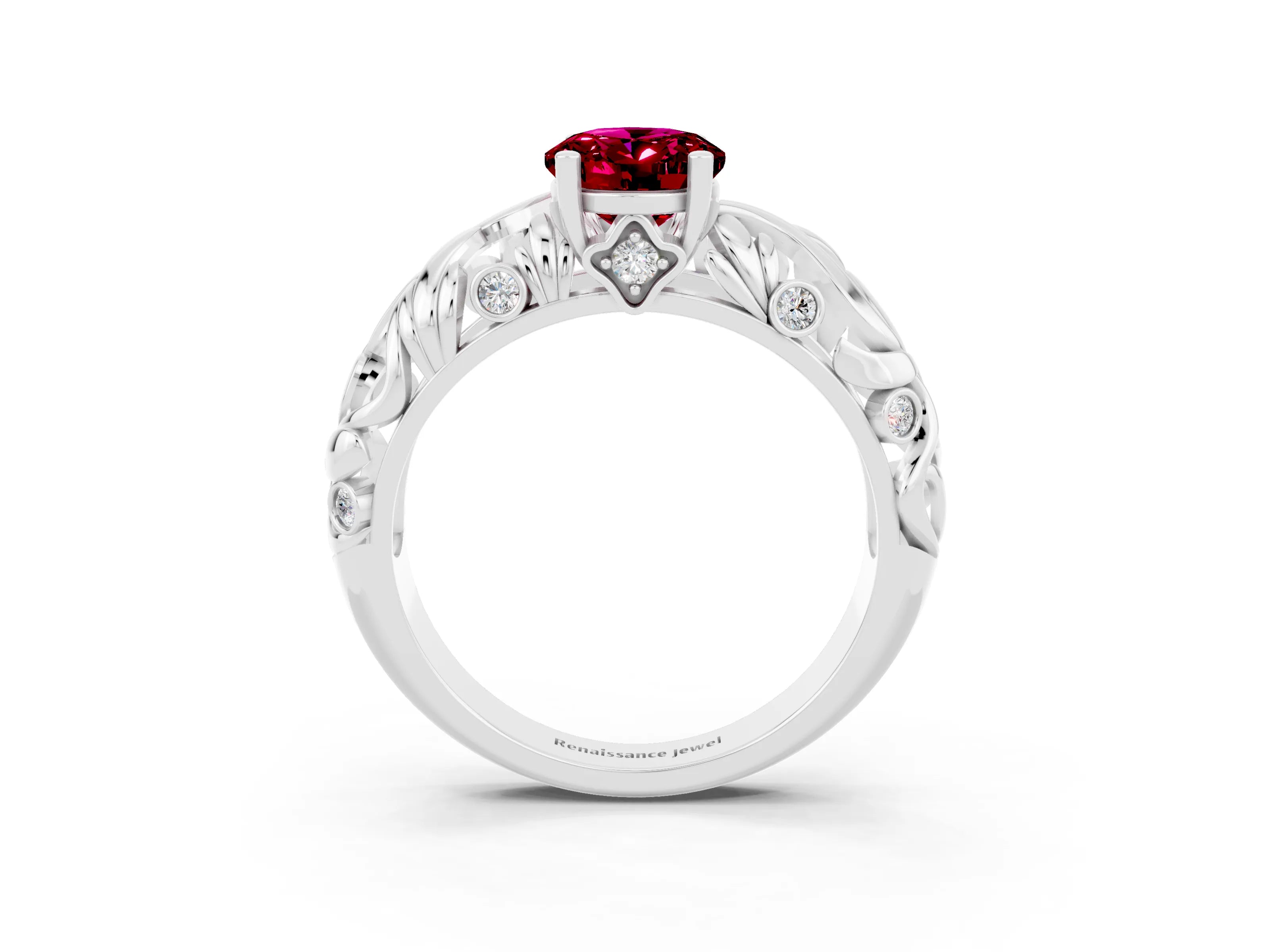 White gold Oval Cut Solitaire Garnet Leaf-Inspired Vine Band Ring with Prong Setting_3
