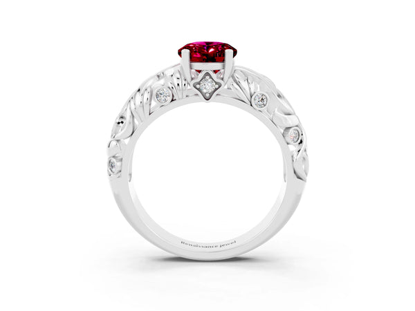 White gold Oval Cut Solitaire Garnet Leaf-Inspired Vine Band Ring with Prong Setting