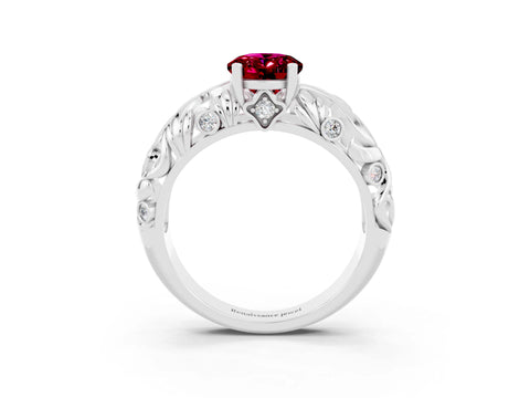 White gold Oval Cut Solitaire Garnet Leaf-Inspired Vine Band Ring with Prong Setting_3