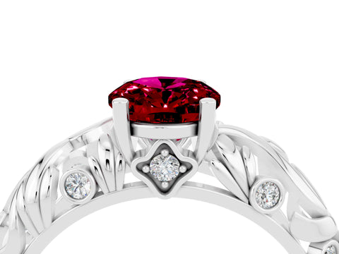 White gold Oval Cut Solitaire Garnet Leaf-Inspired Vine Band Ring with Prong Setting_4