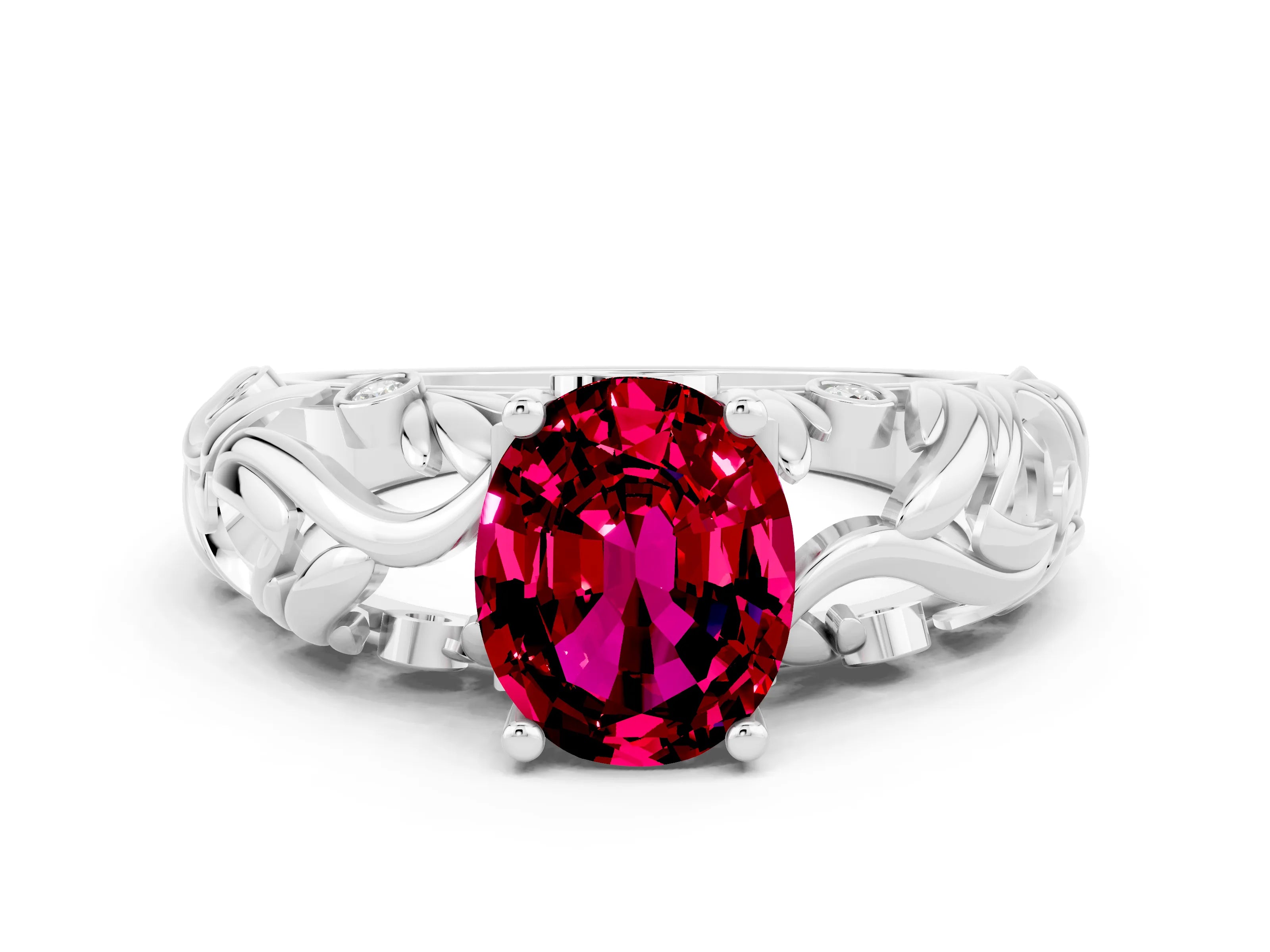 White gold Oval Cut Solitaire Garnet Leaf-Inspired Vine Band Ring with Prong Setting