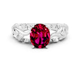 White gold Oval Cut Solitaire Garnet Leaf-Inspired Vine Band Ring with Prong Setting