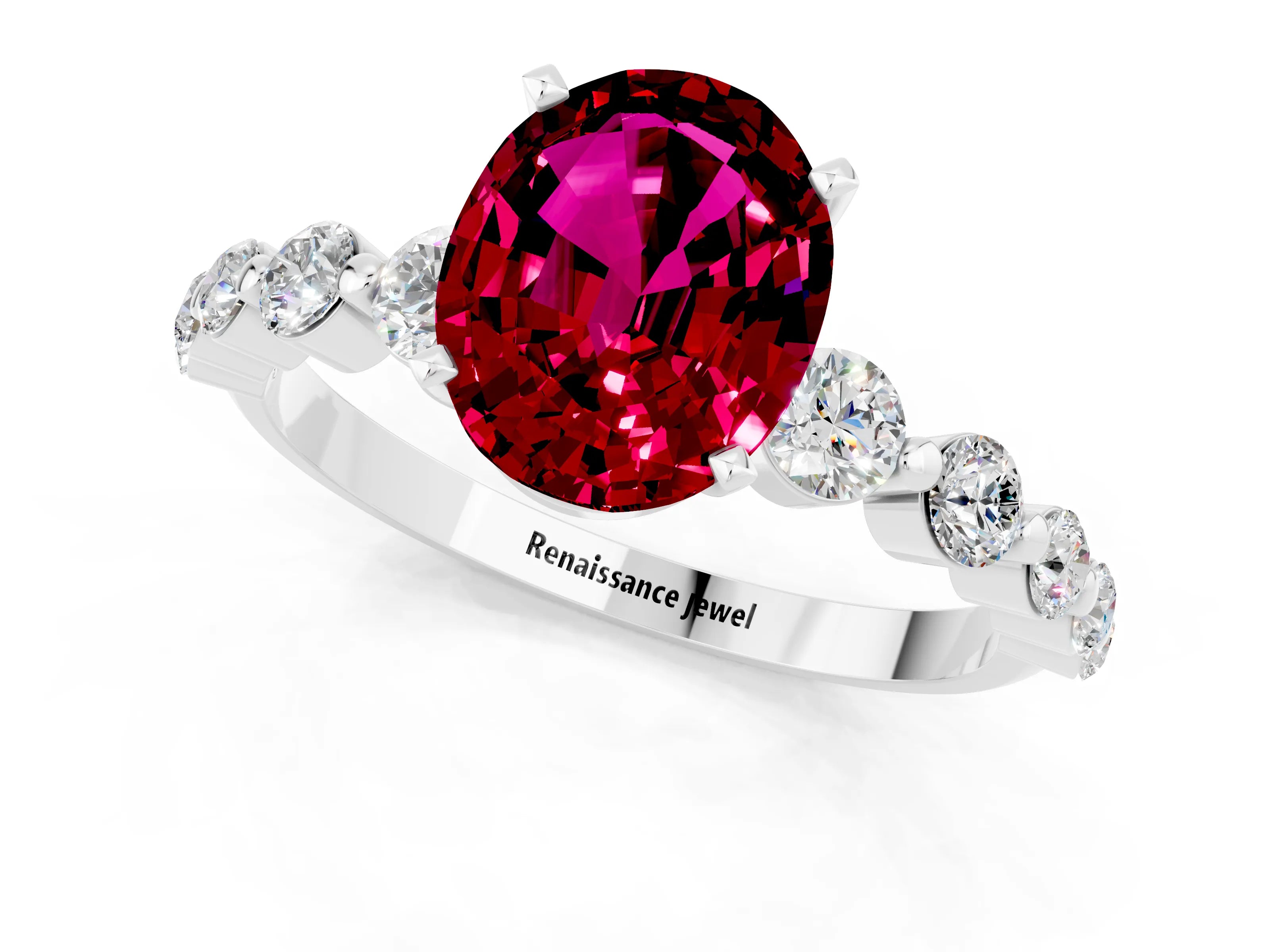 White gold Oval Cut Solitaire Garnet Ring with Pave Band and Four-Prong Setting_1