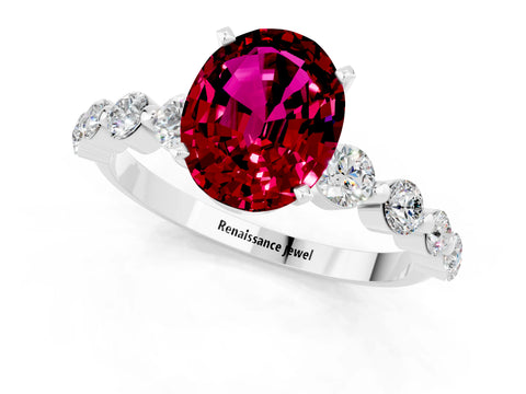 White gold Oval Cut Solitaire Garnet Ring with Pave Band and Four-Prong Setting_1