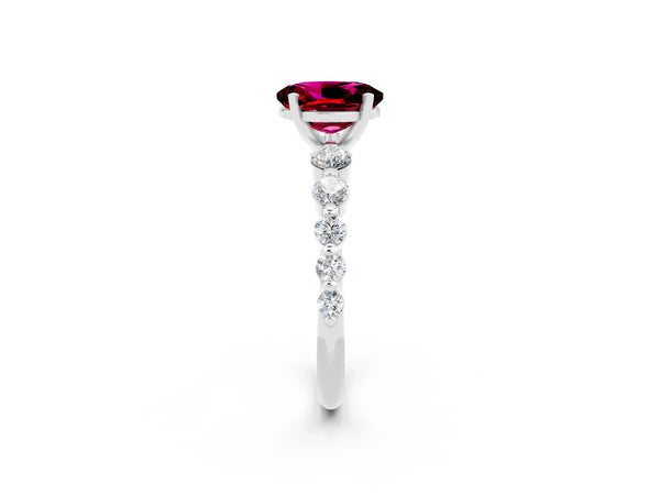 Platinum Oval Cut Solitaire Garnet Ring with Pave Band and Four-Prong Setting