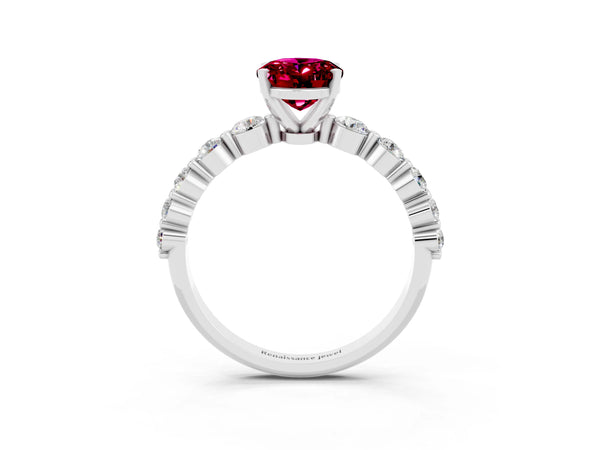 Platinum Oval Cut Solitaire Garnet Ring with Pave Band and Four-Prong Setting
