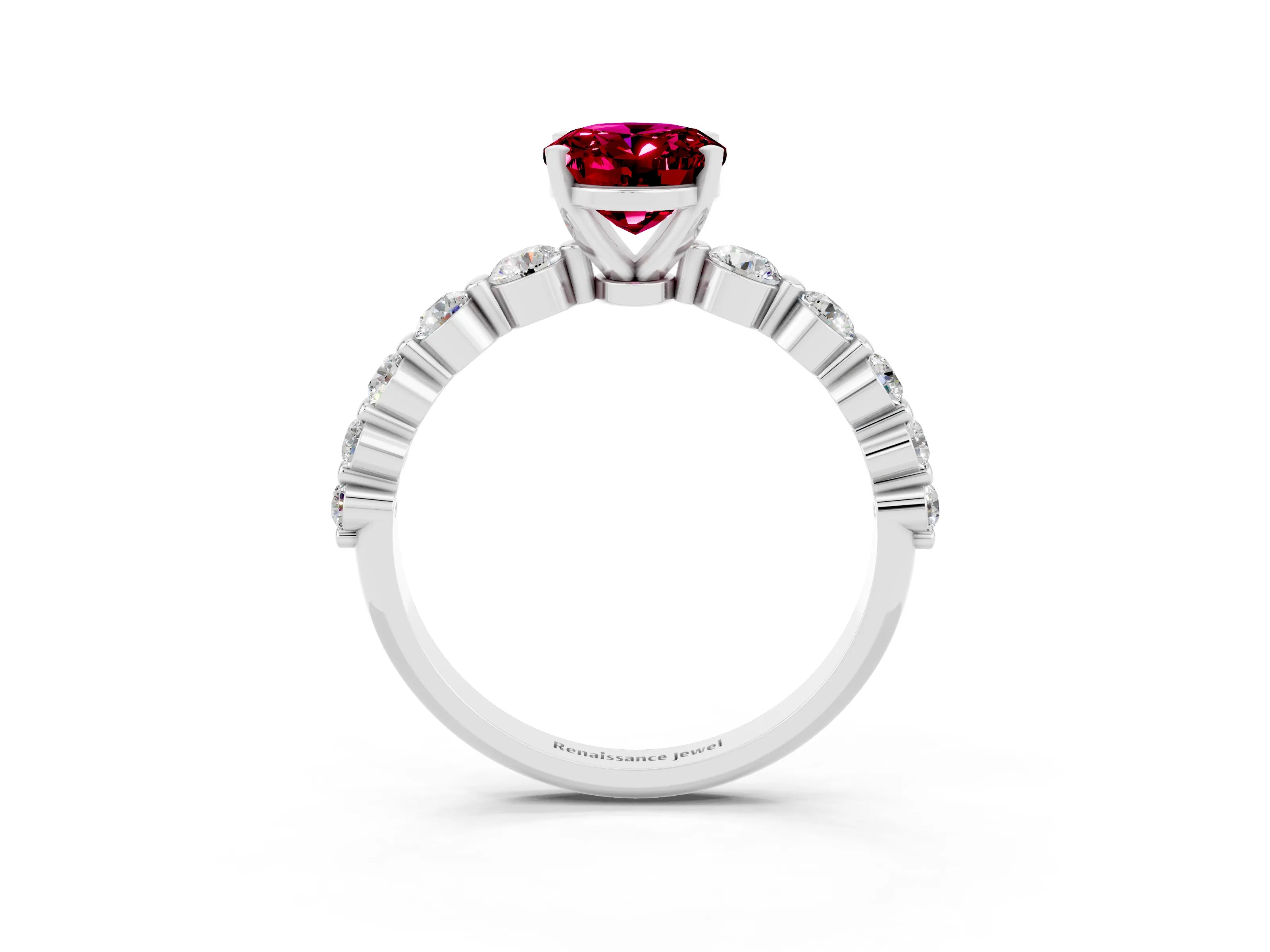 White gold Oval Cut Solitaire Garnet Ring with Pave Band and Four-Prong Setting_3