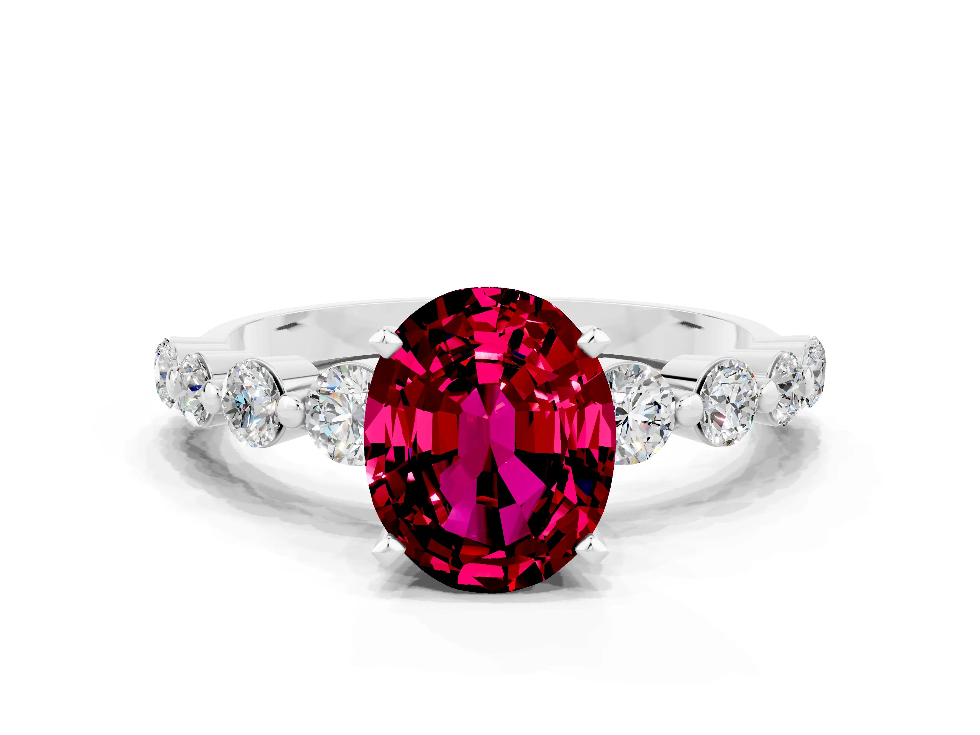 White gold Oval Cut Solitaire Garnet Ring with Pave Band and Four-Prong Setting