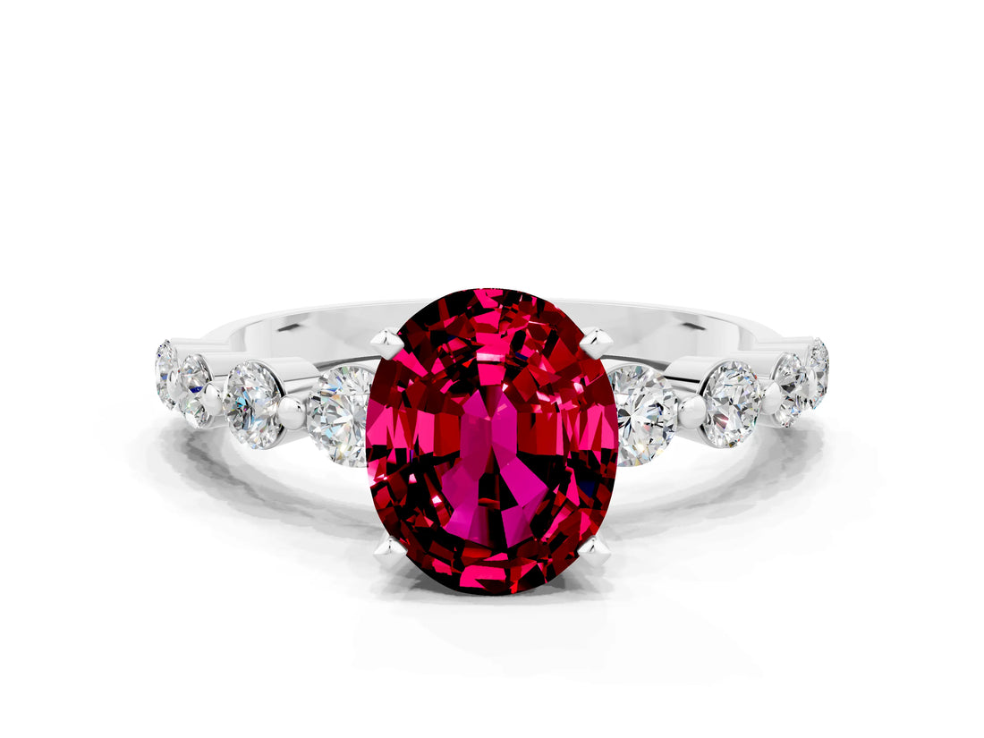 White gold Oval Cut Solitaire Garnet Ring with Pave Band and Four-Prong Setting