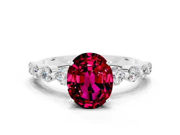 Silver Oval Cut Solitaire Garnet Ring with Pave Band and Four-Prong Setting