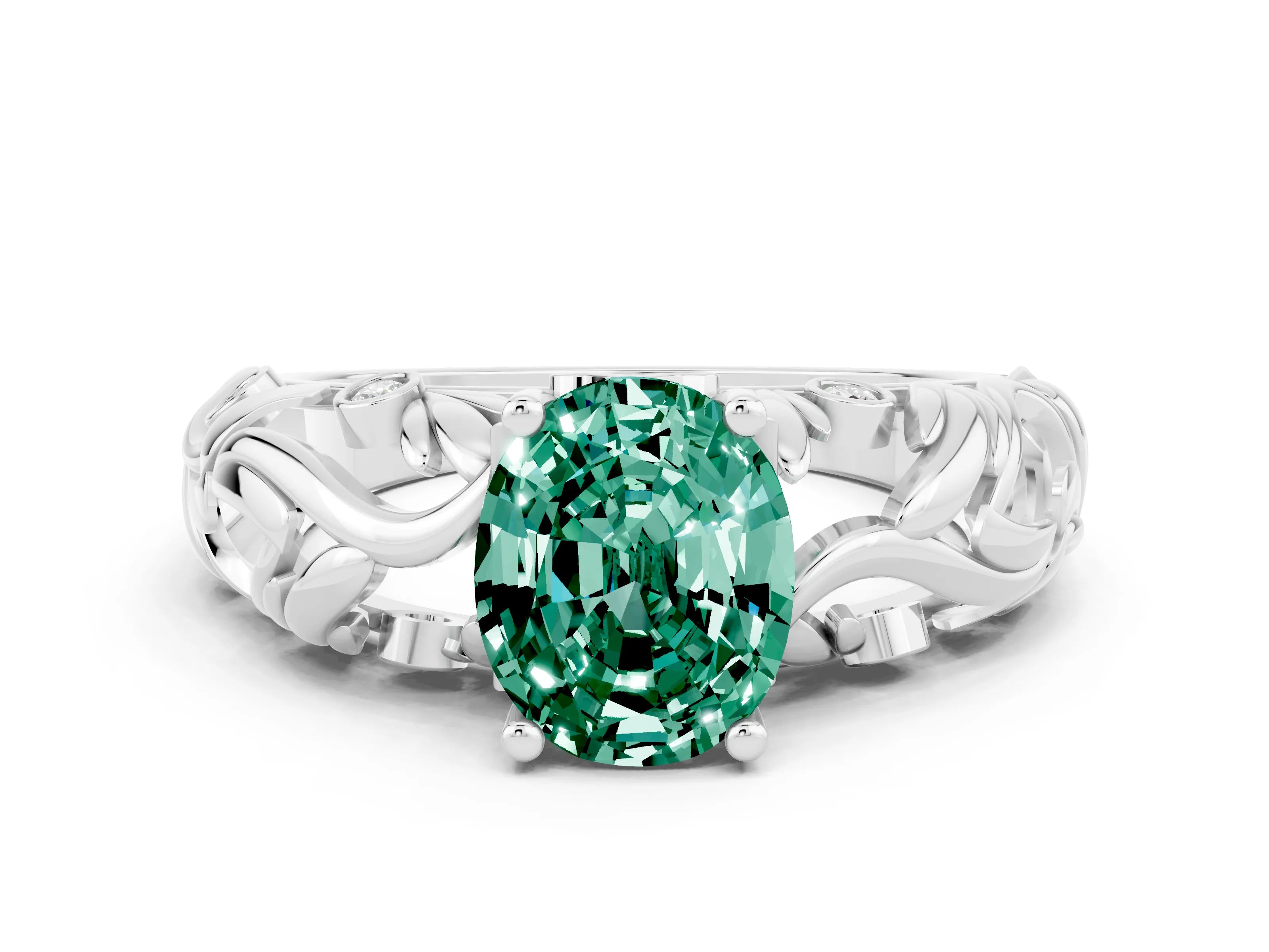 White gold Oval Cut Solitaire Green Sapphire Leaf-Inspired Vine Band Ring with Prong Setting