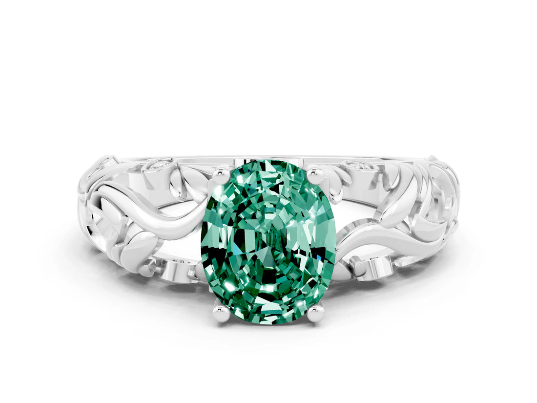 White gold Oval Cut Solitaire Green Sapphire Leaf-Inspired Vine Band Ring with Prong Setting