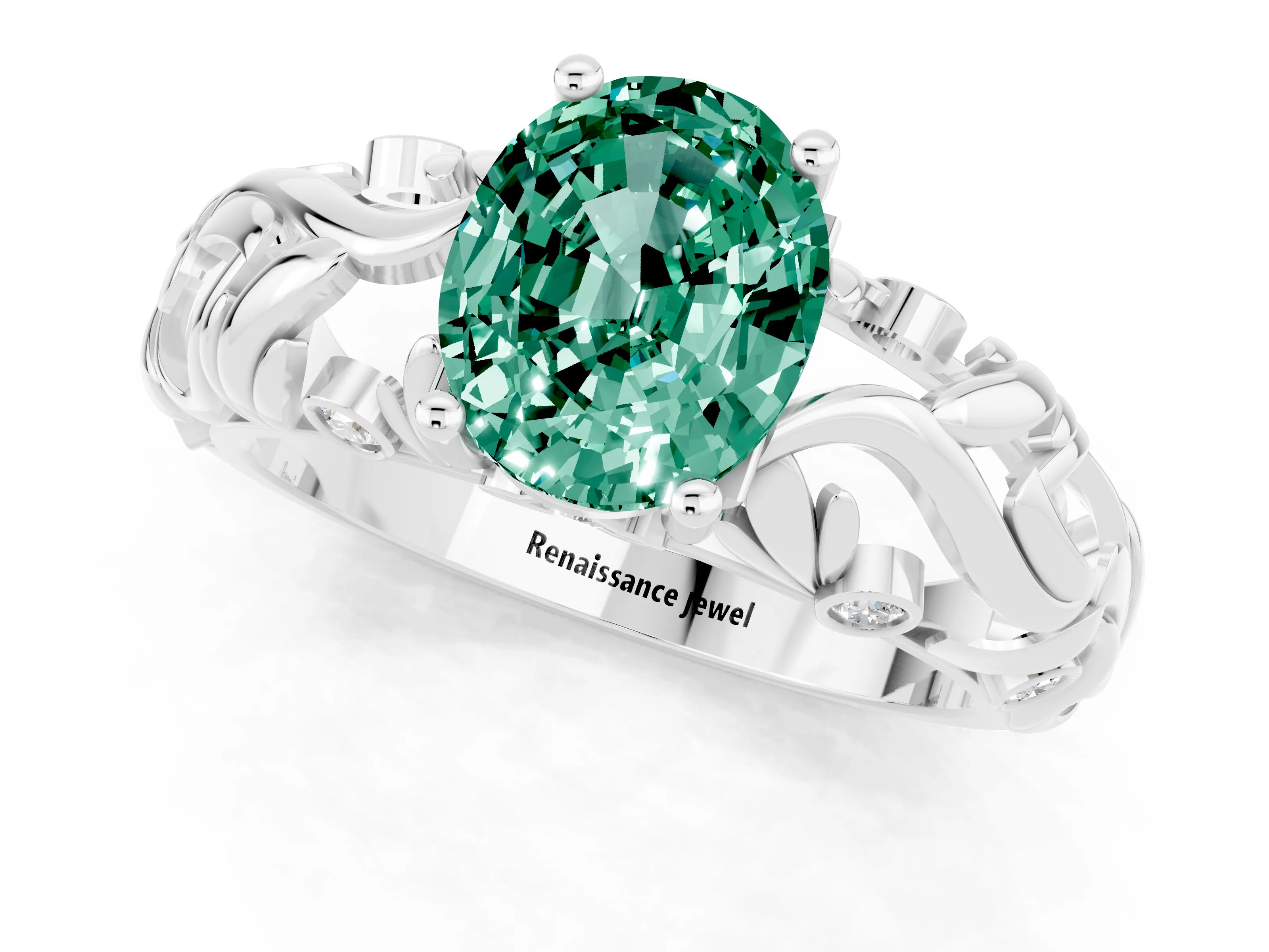 White gold Oval Cut Solitaire Green Sapphire Leaf-Inspired Vine Band Ring with Prong Setting_1