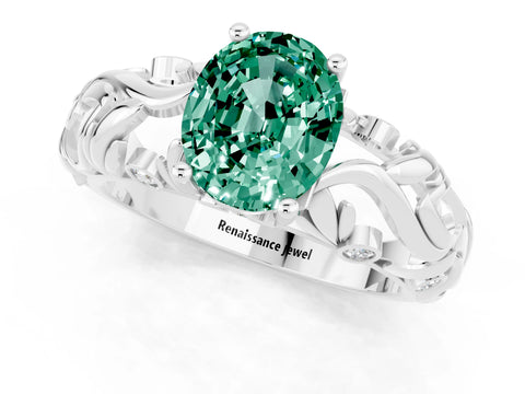 White gold Oval Cut Solitaire Green Sapphire Leaf-Inspired Vine Band Ring with Prong Setting_1