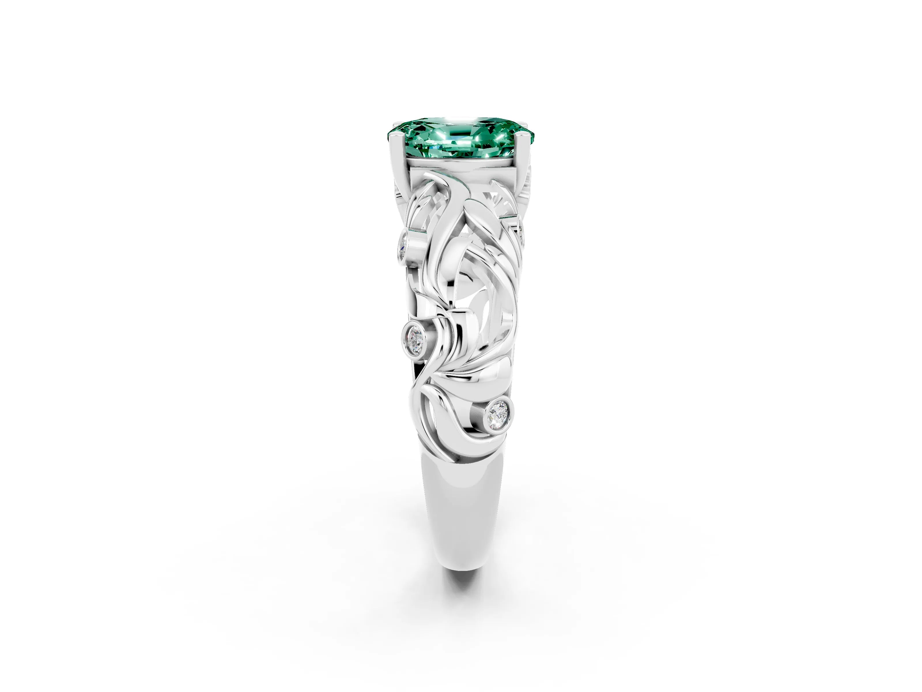 White gold Oval Cut Solitaire Green Sapphire Leaf-Inspired Vine Band Ring with Prong Setting_2