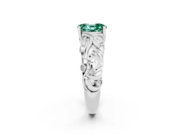 Silver Oval Cut Solitaire Green Sapphire Leaf-Inspired Vine Band Ring with Prong Setting