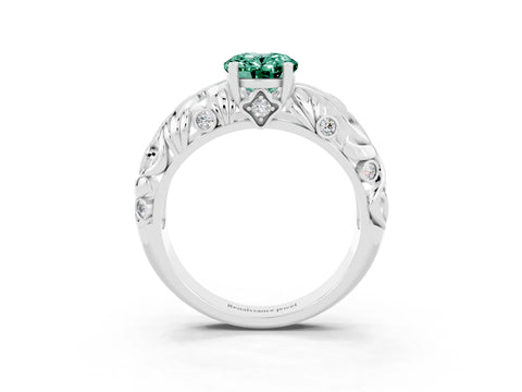 White gold Oval Cut Solitaire Green Sapphire Leaf-Inspired Vine Band Ring with Prong Setting_3