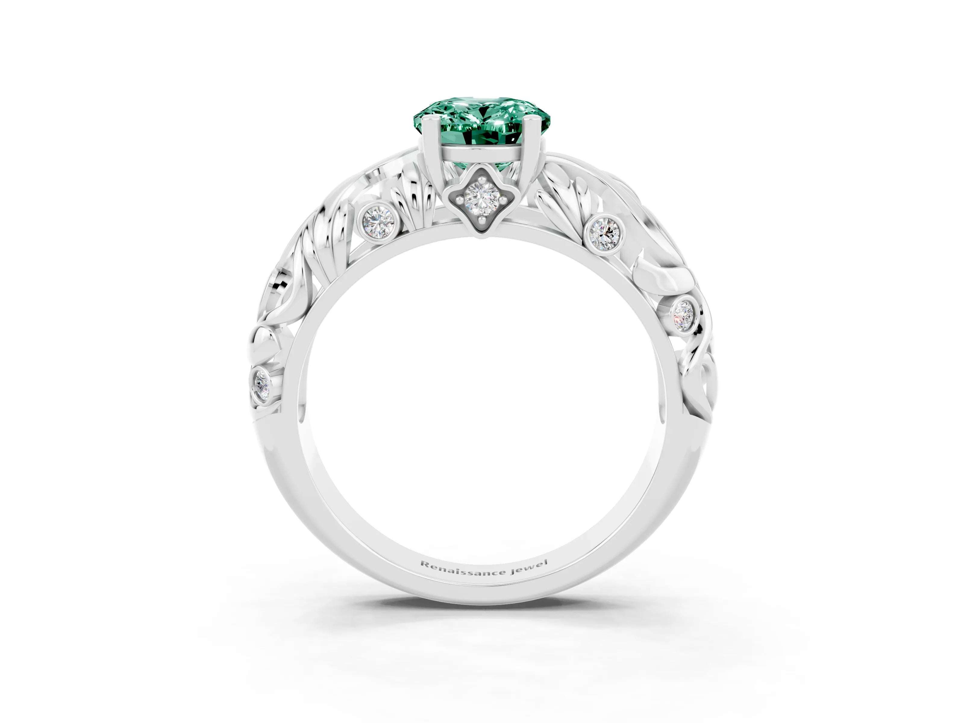 White gold Oval Cut Solitaire Green Sapphire Leaf-Inspired Vine Band Ring with Prong Setting_3